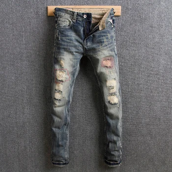 

American Streetwear Fashion Men Jeans Retro Washed Slim Fit Cotton Denim Pants hombre Classical Ripped Jeans Men Hip Hop Jeans