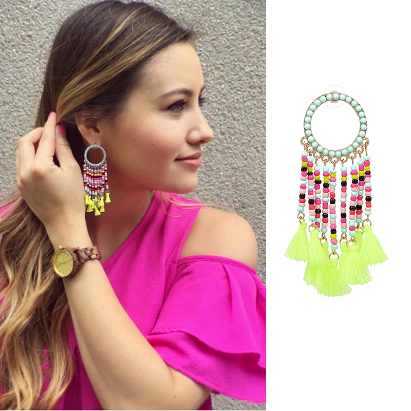 

JURAN 2018 New FIRENZE FRINGE DROPS Dangle Earrings BOHO Statement Fahion Jewelry Colorful Beads Earrings For Women J50104