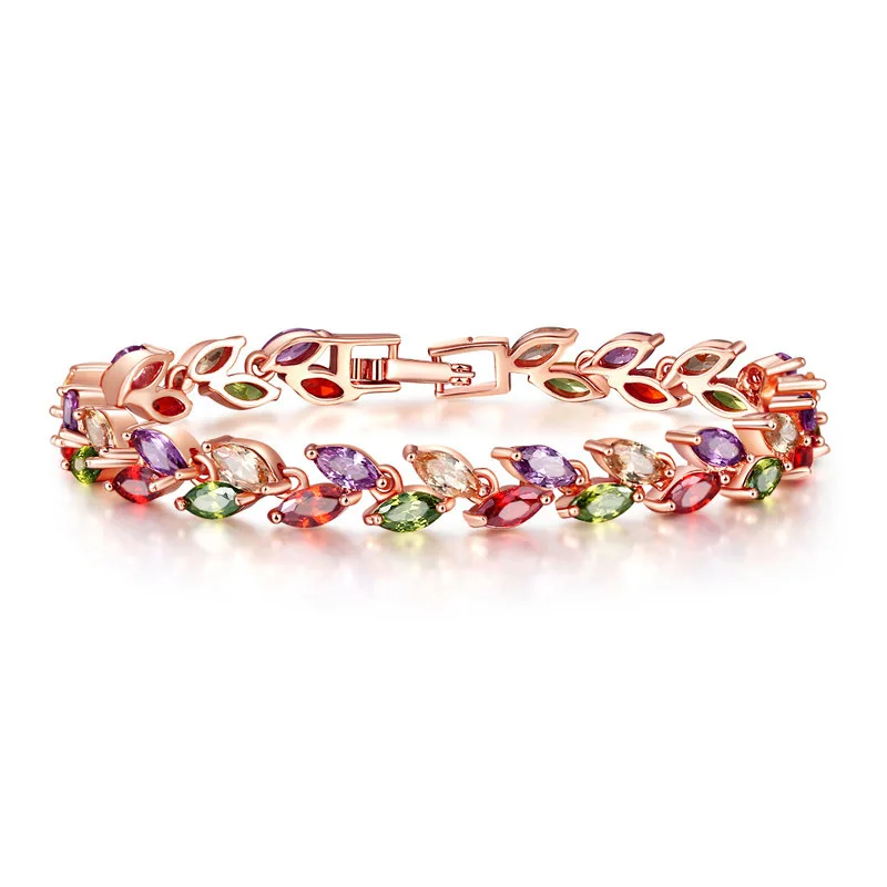 

LISM Hop Sale Fashion Multicolor Chain Link Bracelet Champagne Copper Leaf Shape Micr AAA Cubic Zirconia Charm for Women Jewelry