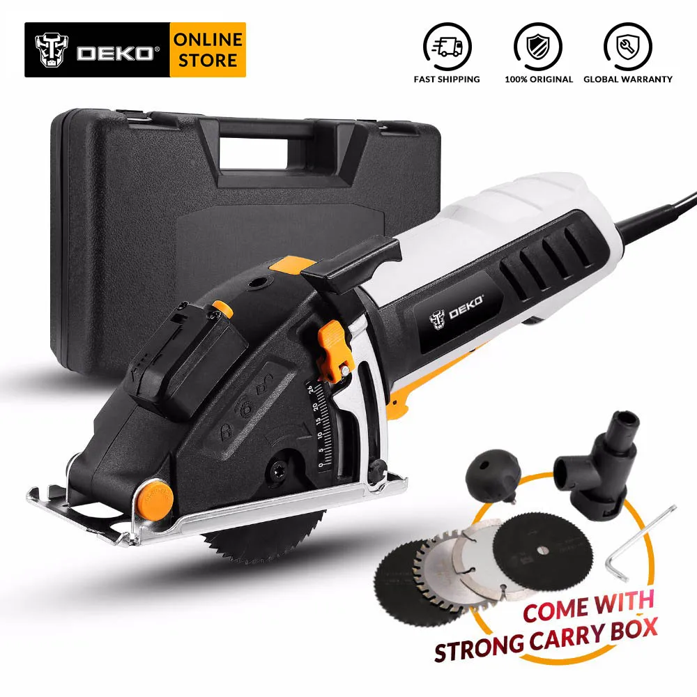 Baratos DEKO QD6905 230V Mini herramienta eléctrica de guía láser de sierra Circular con láser, 4 cuchillas, paso de polvo, mango auxiliar, caja BMC