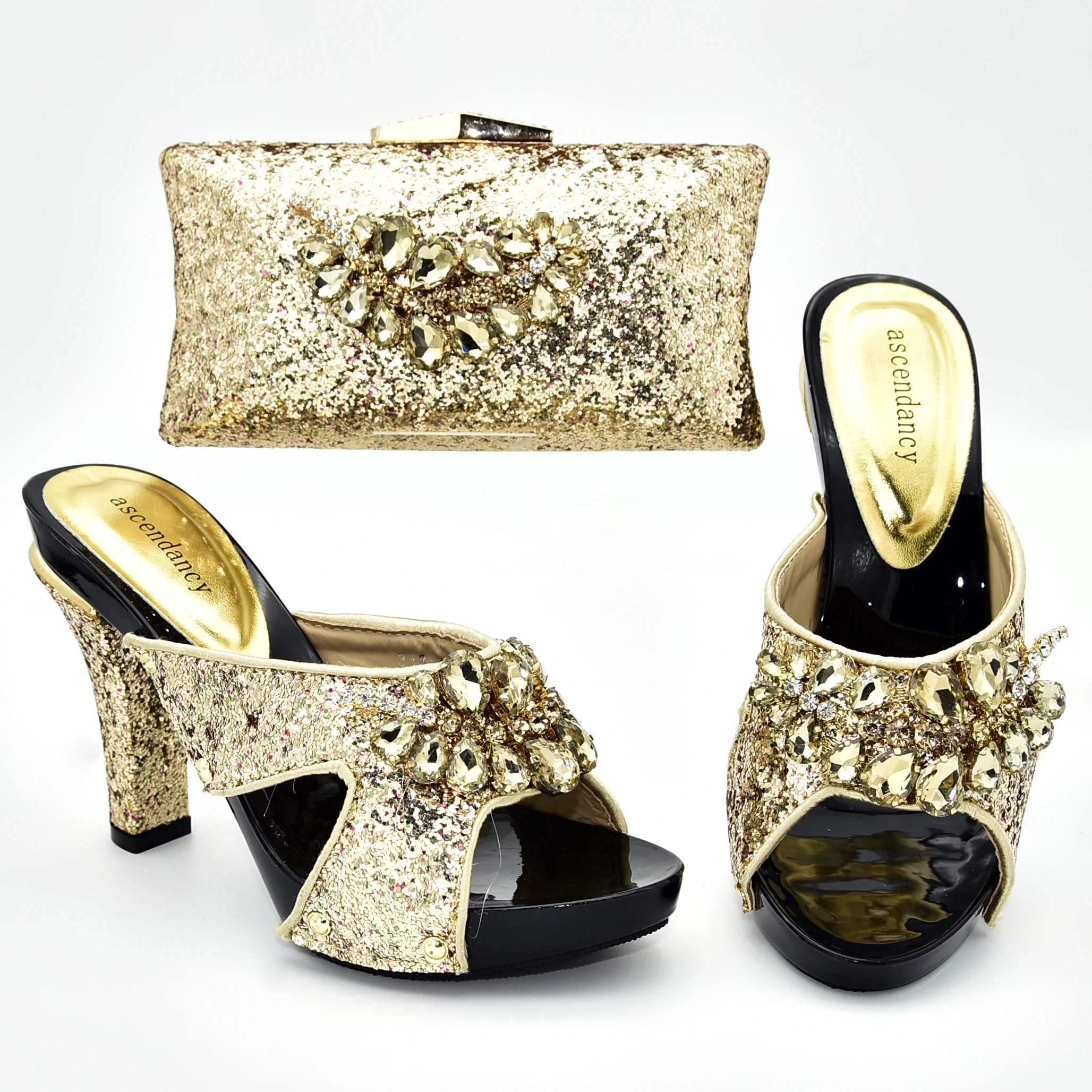 

2019 new arrival gold color lady shoes and clutches bag matching set fashion gold italian shoes and bag set for party SB8394-4