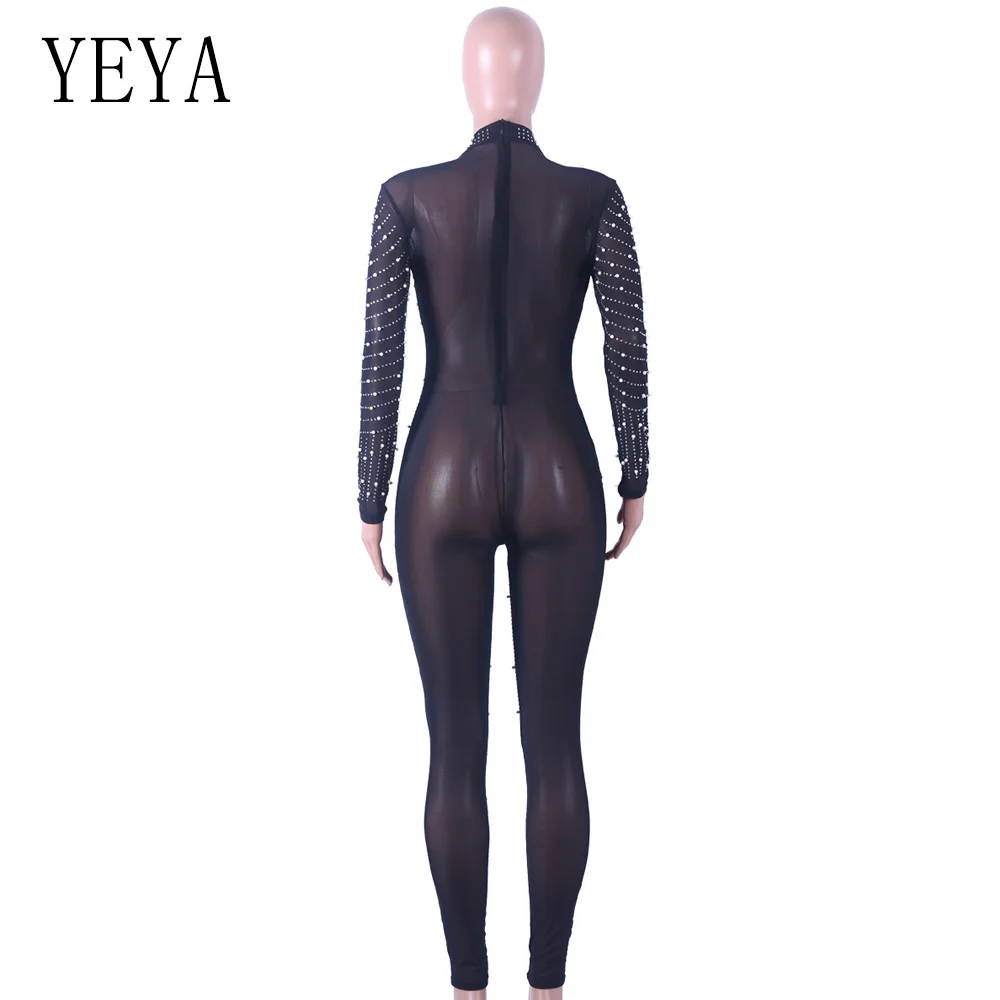 YEYA Women Beaded Embellish Sexy Overalls Black Glitter Rhinestones Mesh See Through Jumpsuit Bodysuits Elegant Party Catsuit