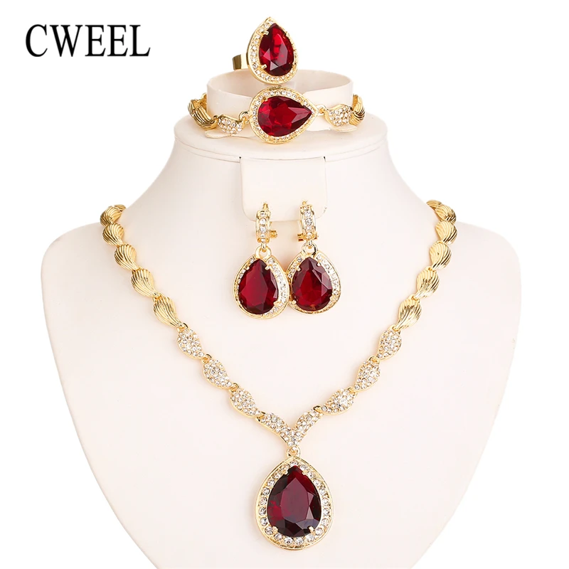 

CWEEL Jewelry Sets For African Beads Women Fashion Dubai Gold-Color Habesha Jewelry Ethiopian Nigerian Red Wedding Jewellery Set