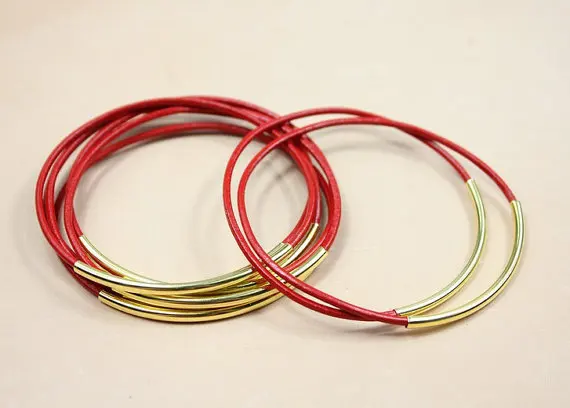 

Genuine Leather Bracelet with Gold Tube Accents Bohemian Stackable Bangle Red
