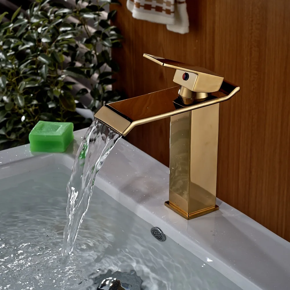 Waterfall Bathroom Faucet Vanity Sink Mixer Tap Hot And Cold Tap Gold