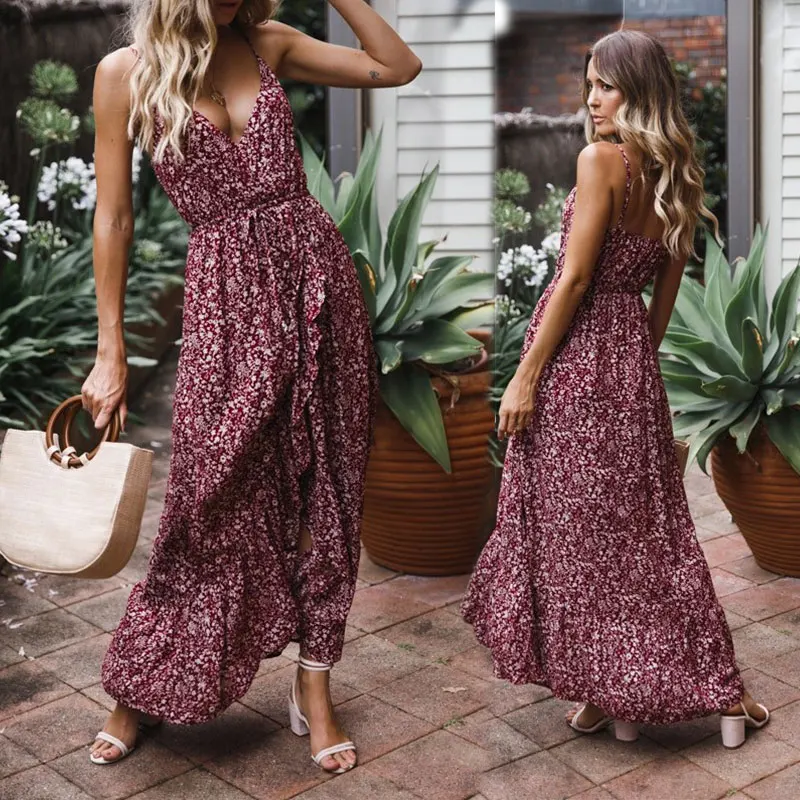 

2019 summer fashion boutique simple temperament ladies print dress print sexy V-neck sling irregular long dress