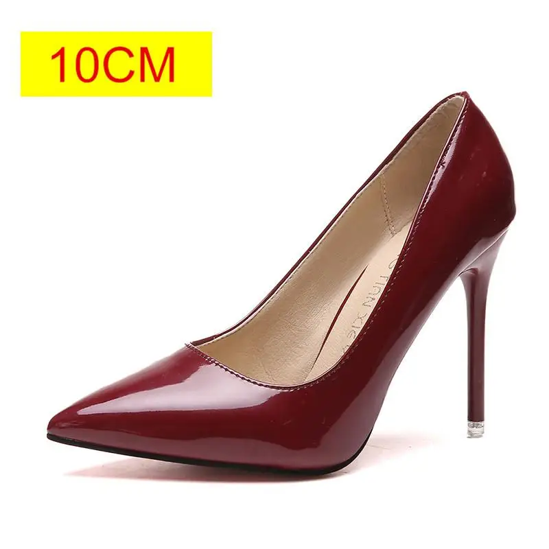 Большие размеры 34-44; популярная женская обувь; туфли-лодочки с острым носком; модельные туфли из лакированной кожи; водонепроницаемые мокасины на высоком каблуке; свадебные туфли; zapatos mujer - Цвет: Red wine 10 cm
