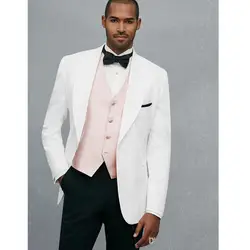 2017 свежие модные белые мужские костюмы с светло-розовый жилет Красивый Свадебные Мужчины смокинг блейзер с брюками (куртка + брюки + жилет +