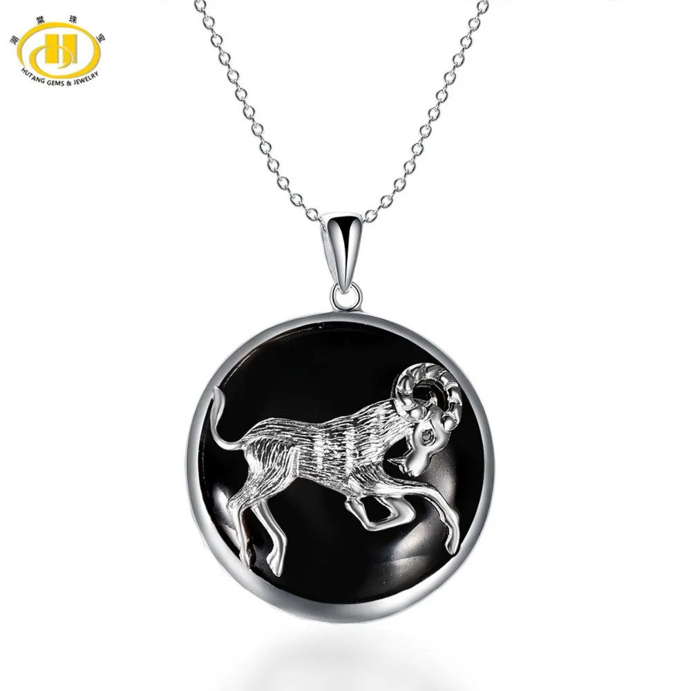 

Hutang Star Aries Zodiac Natural Black Jade 23mm Pendant Solid 925 Sterling Silver Necklace free chain Women's Men's Jewelry