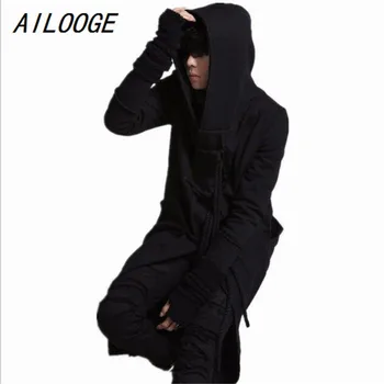 

AILOOGE 2017 European American Avant-garde Long Style Hooded Trench Mens Black Rope Buckle Outwear Men's Brand Clothing