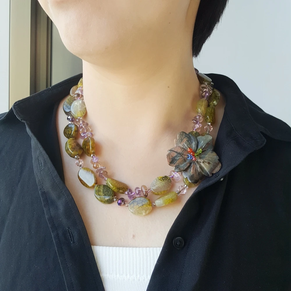 

Lii Ji Natural Ametrine Agate Jasper Flower 2 Rows Necklace with Jade Toggle Clasp 50cm