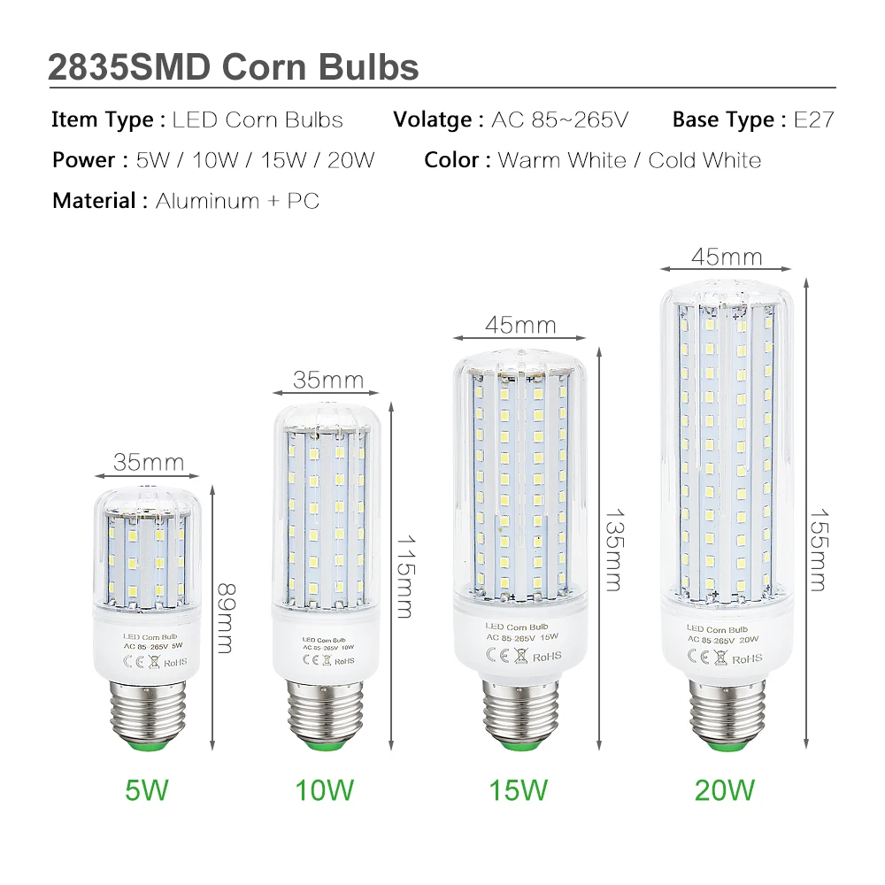 Без мерцания ультра-яркая подсветка с E27 E26 светодиодный лампы кукурузы AC 85-265 V 5 W 10 W 15 Вт, 20 Вт, 25 Вт, 35 Вт, 45 Вт реальные Мощность лампочки