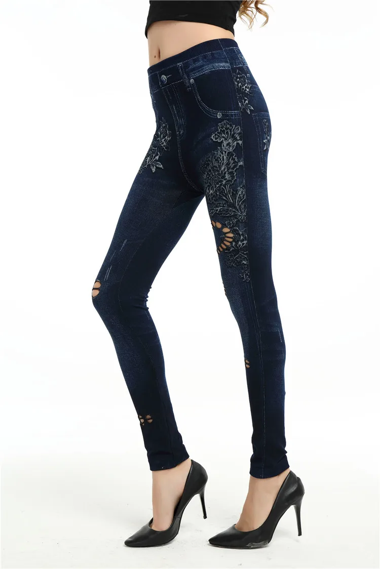 Fashion Slim Women Spring Summer Leggings Faux Denim Jeans Leggings Long Floral Printing Casual Pencil Pants Thin Fleece Inside white leggings