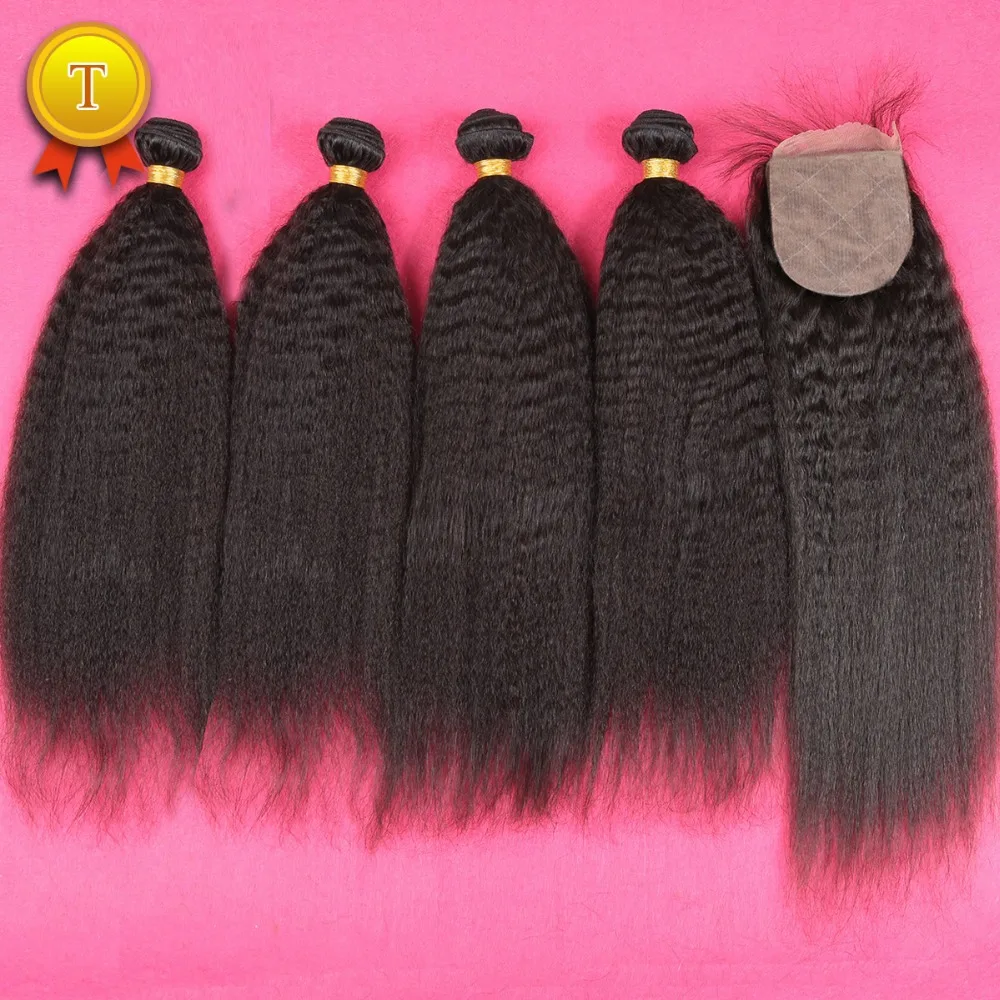

Peruvian Virgin Human Hair With Silk Base Closure Kinky Straight Silk Base Closure With Bundles 5pcs/Lot Yaki With Silk Closure