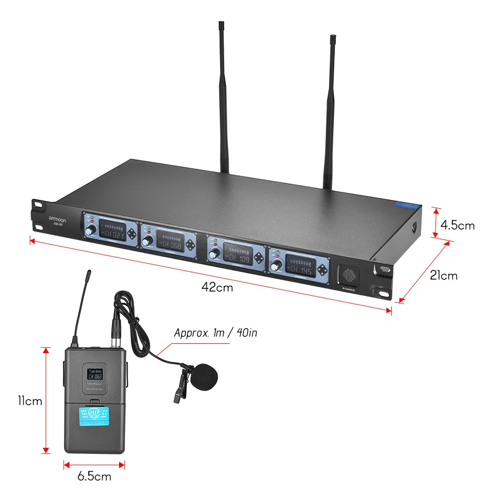 Ammoon 4S Профессиональный 4-канальный UHF Беспроводной петличный воротник с лацканами клип на микрофон Системы 4 mic 1 Беспроводной приемник