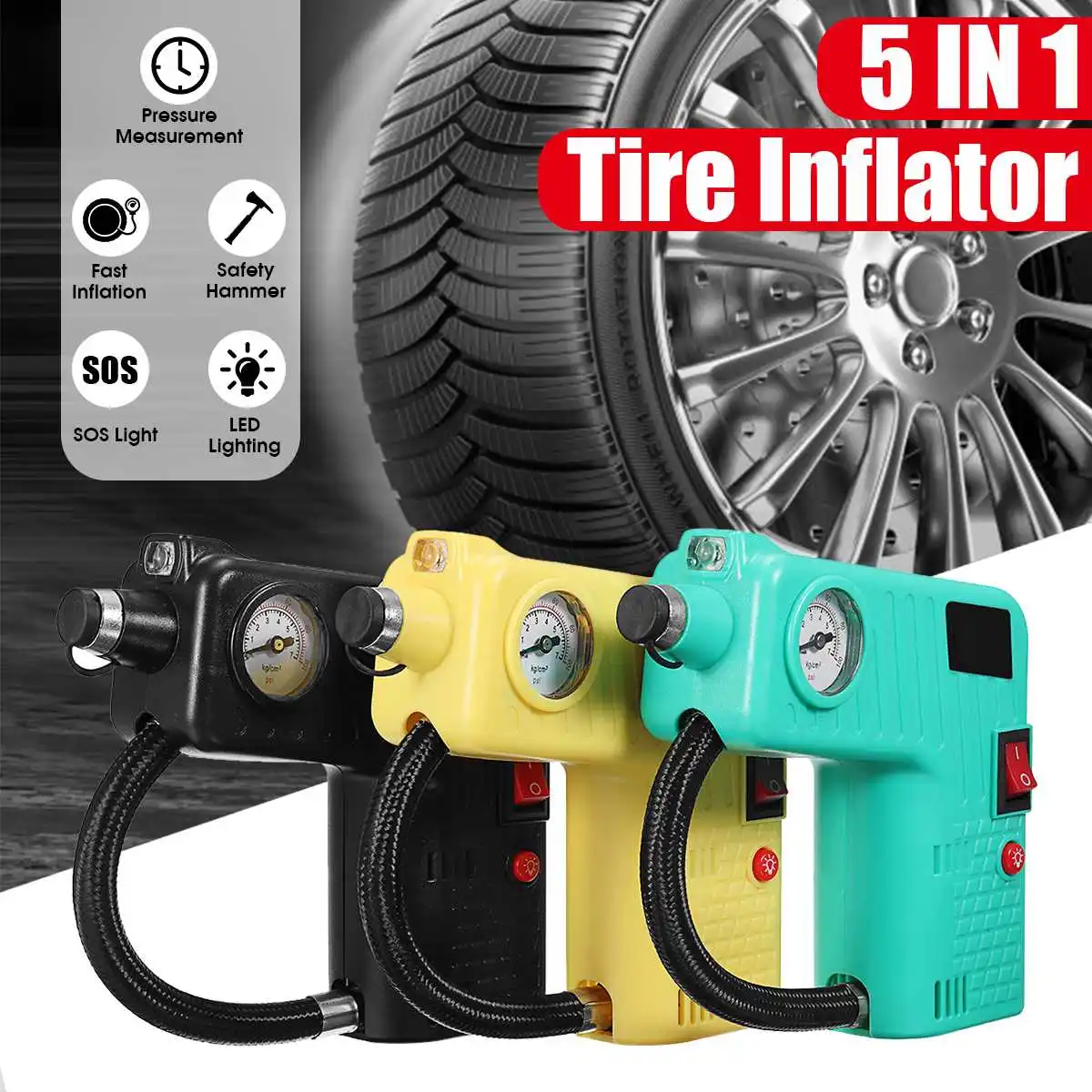 

Portable 5 In 1 Car Electric DC 12V Air Compressor Pump Tire Inflator 100W Wheel Tyre Air Pump for Car Motorcycle Bicycle Auto