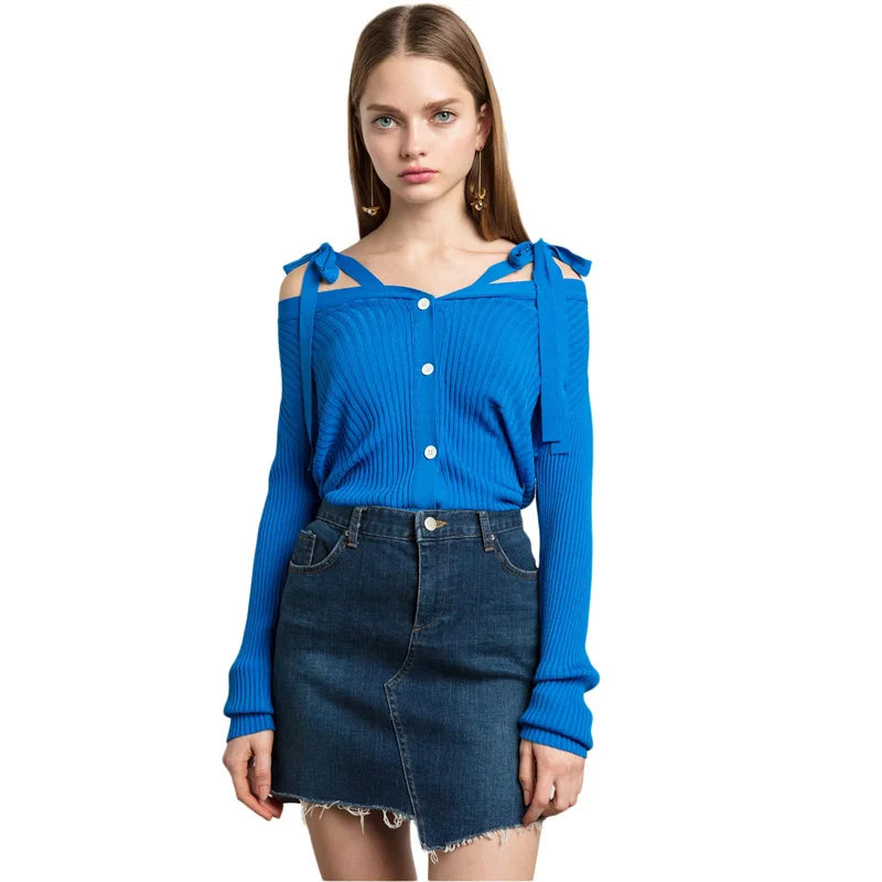 HYH HAOYIHUI Fashion Women Solid Blue Autumn Full Preppy Off Shoulder Strap Top Sweet Slash Neck Long Sleeve Button Lady Sweater HYH HAOYIHUI Fashion Women Solid Blue Autumn Full Preppy Off Shoulder Strap Top Sweet Slash Neck Long Sleeve Button Lady Sweater