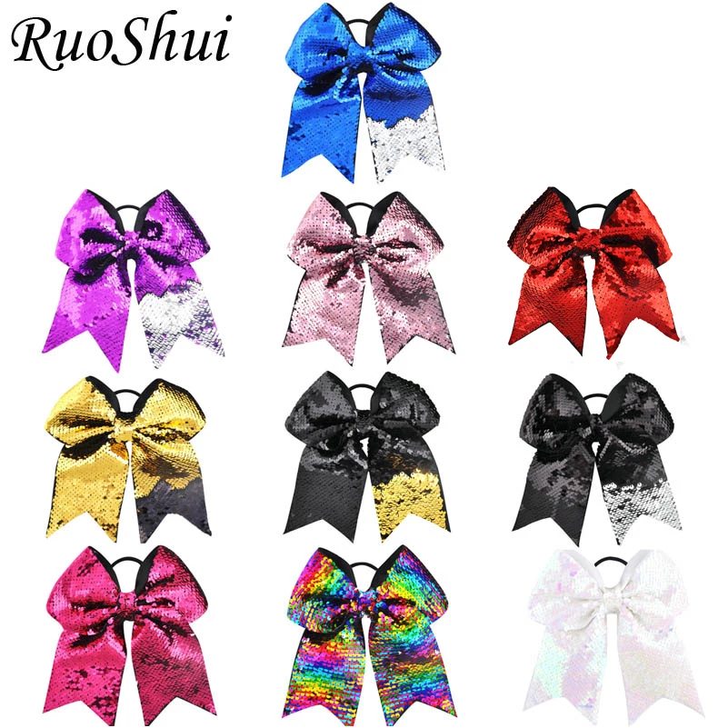 

8 inch 10pcs/lot Rainbow Sequin Mermaid Ribbon Big Large Bow Elastic Hair Band Cheerleading Girls Hair Accessories