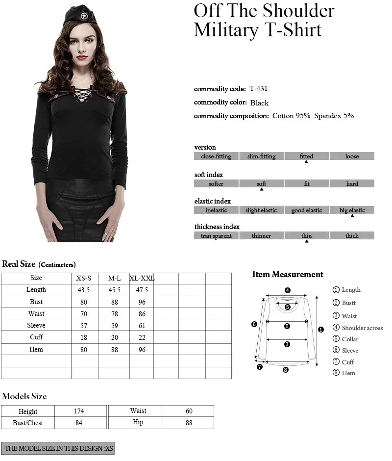 PUNK Long Sleeves Collar V-neck T-shirt T-431 Off The Shoulder Military Shirts Highly Textured Knitted Fabric Shirt
