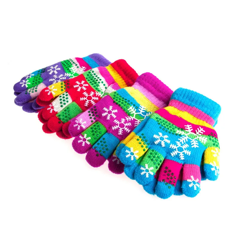 Autumn Winter Children Bilayer Thickened Snow Print Colored Yarn Knit Gloves