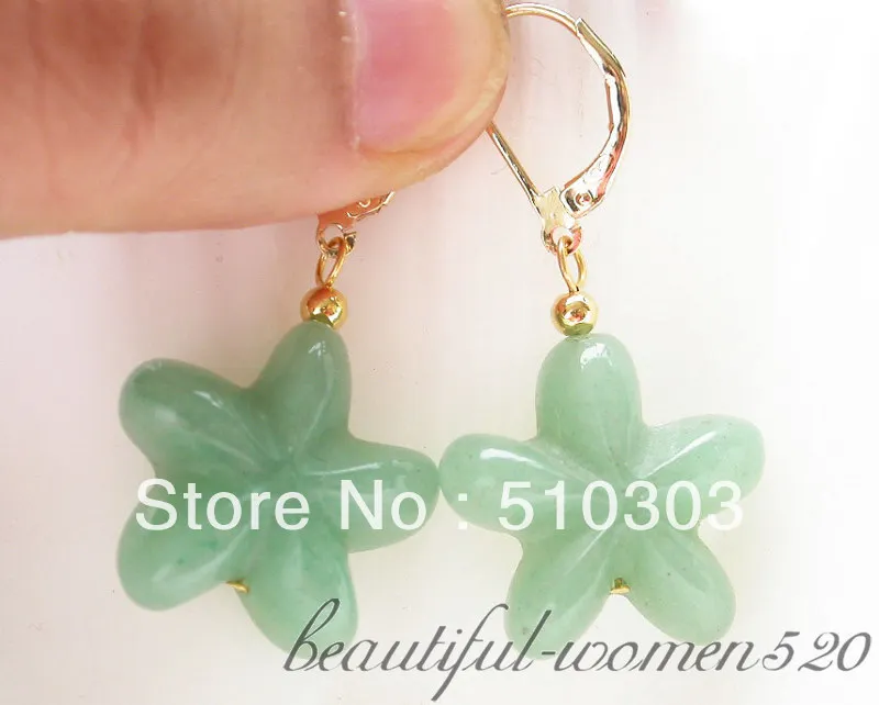 Hand-carved 20 mm star green crystal dangle Earrings