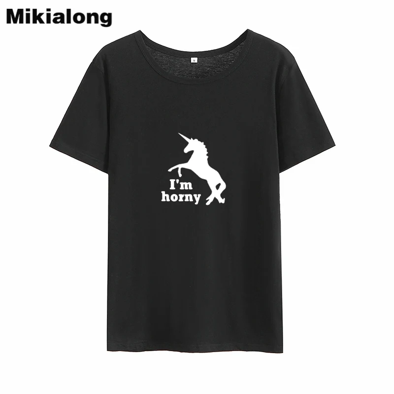 Mikilaong I'm Horny Unicorn женская футболка в стиле Харадзюку 2018 черная белая хлопковая