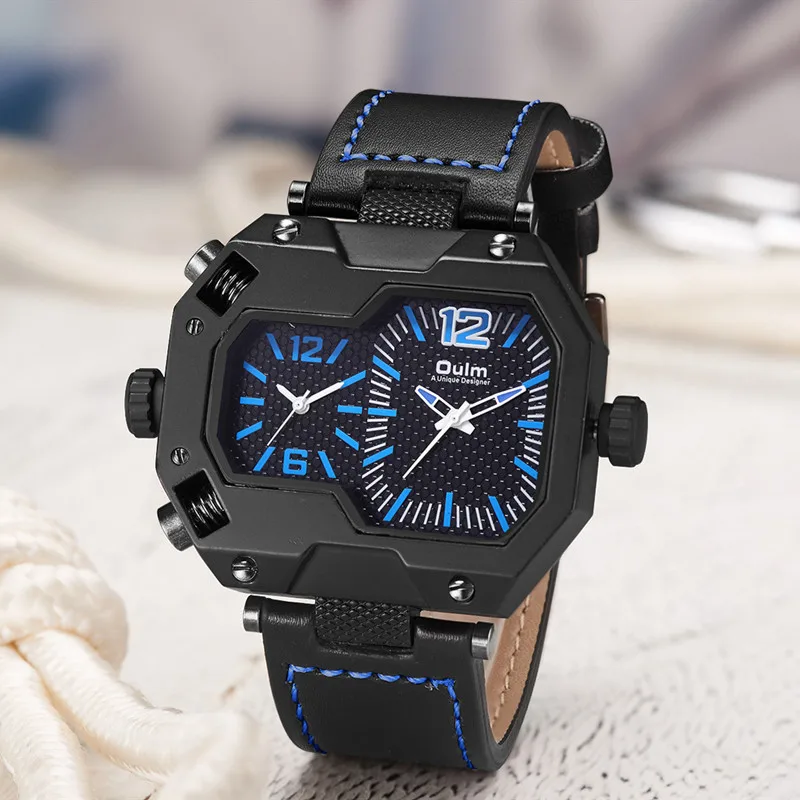 

Oulm Men's Watches Top Brand Luxury Unique Design Multiple Time Zone leather Watch Square Fashion Sport Wristwatch Men Clock