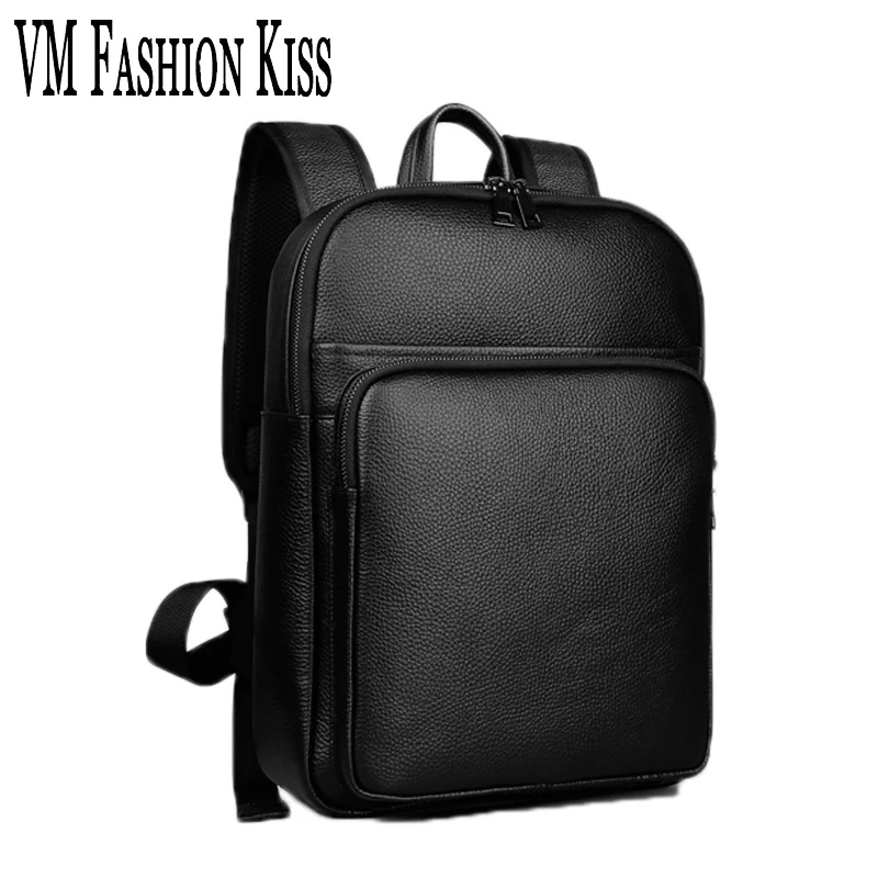 VM FASHION KISS 14 Inch Luxury Brand Backpacking Genuine Leather Rucksack Women Man School Laptop Bags Black Breathable Soft