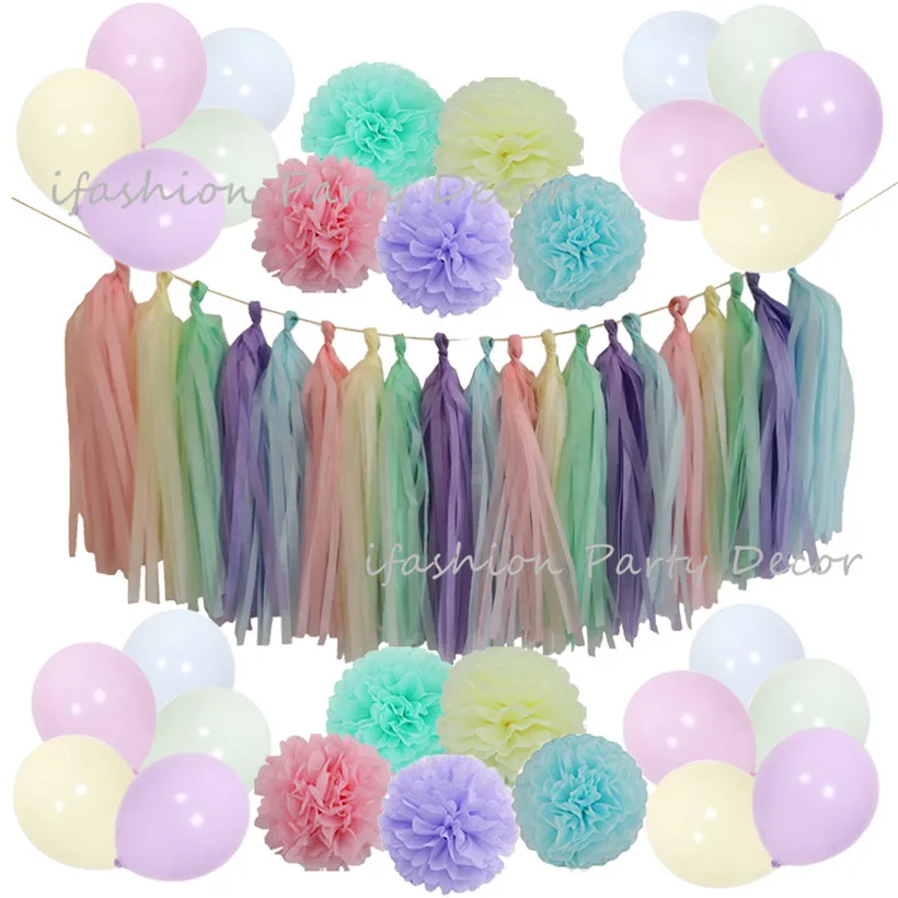 Macaron Color Balloon Assorted Candy Paper Pom Poms Tassel Garland for Kids Birthday Party Baby Shower Wedding Decorations | Дом и сад