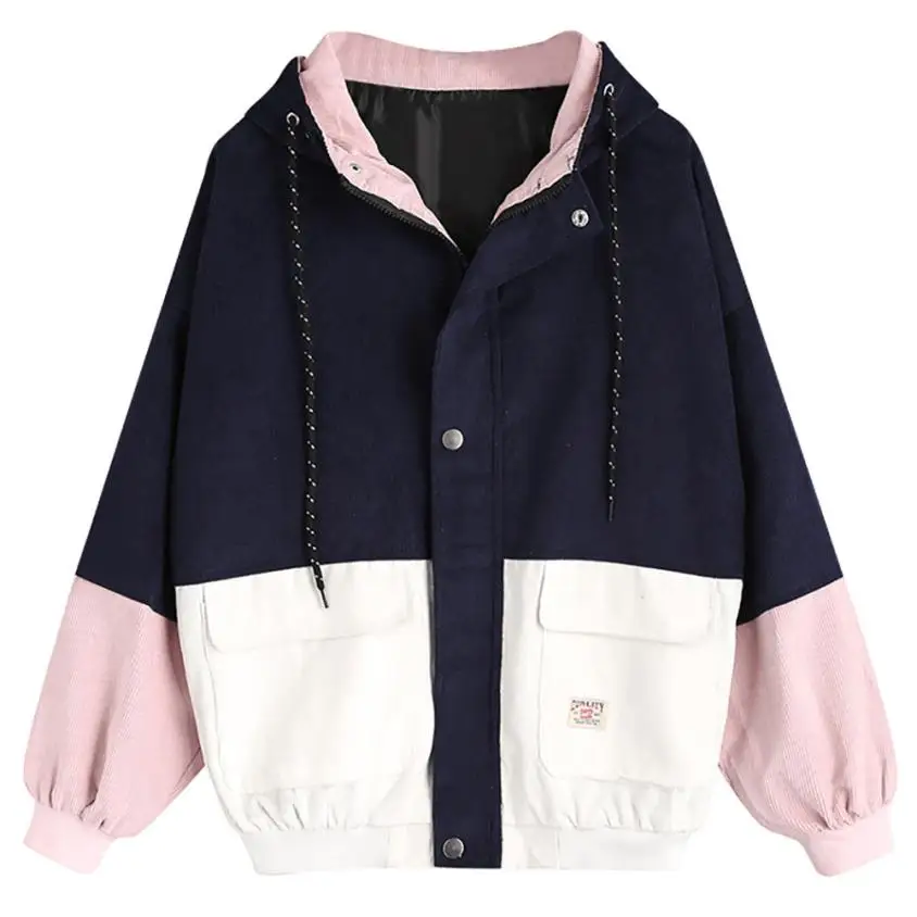 Outerwear & Coats Jackets Long Sleeve Corduroy Patchwork Oversize Zipper Jacket Windbreaker coats and jackets women 2018JUL25