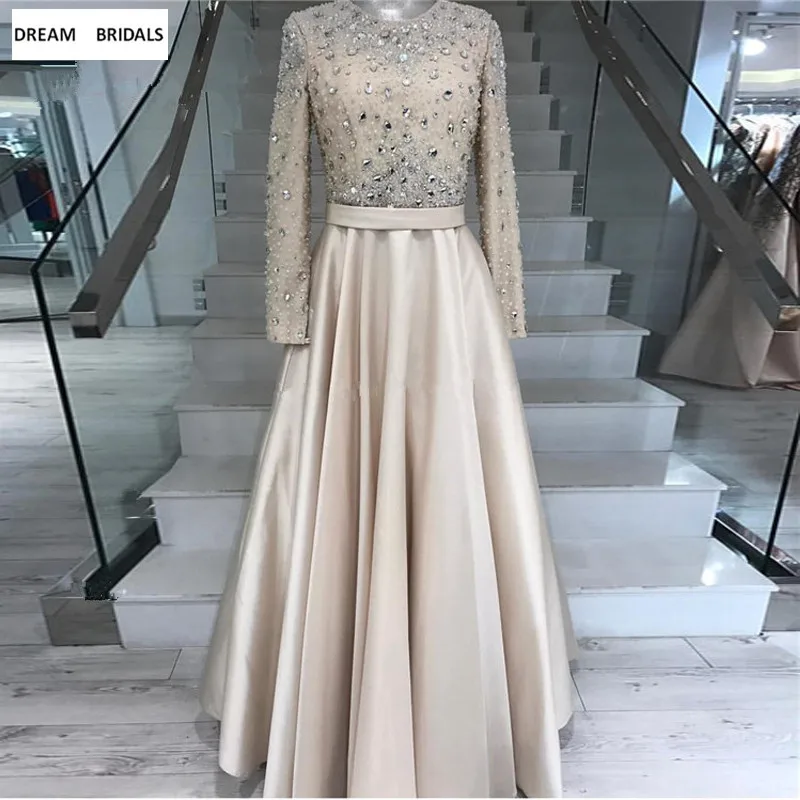 Moslim Lange Mouwen O-hals Moeder van de Bruid Jurken Voor Wedding Kralen Crystal vestido de madrinha Lange Moslim Lange Mouwen O-hals Moeder van de Bruid Jurken Voor Wedding Kralen Crystal vestido de madrinha Lange