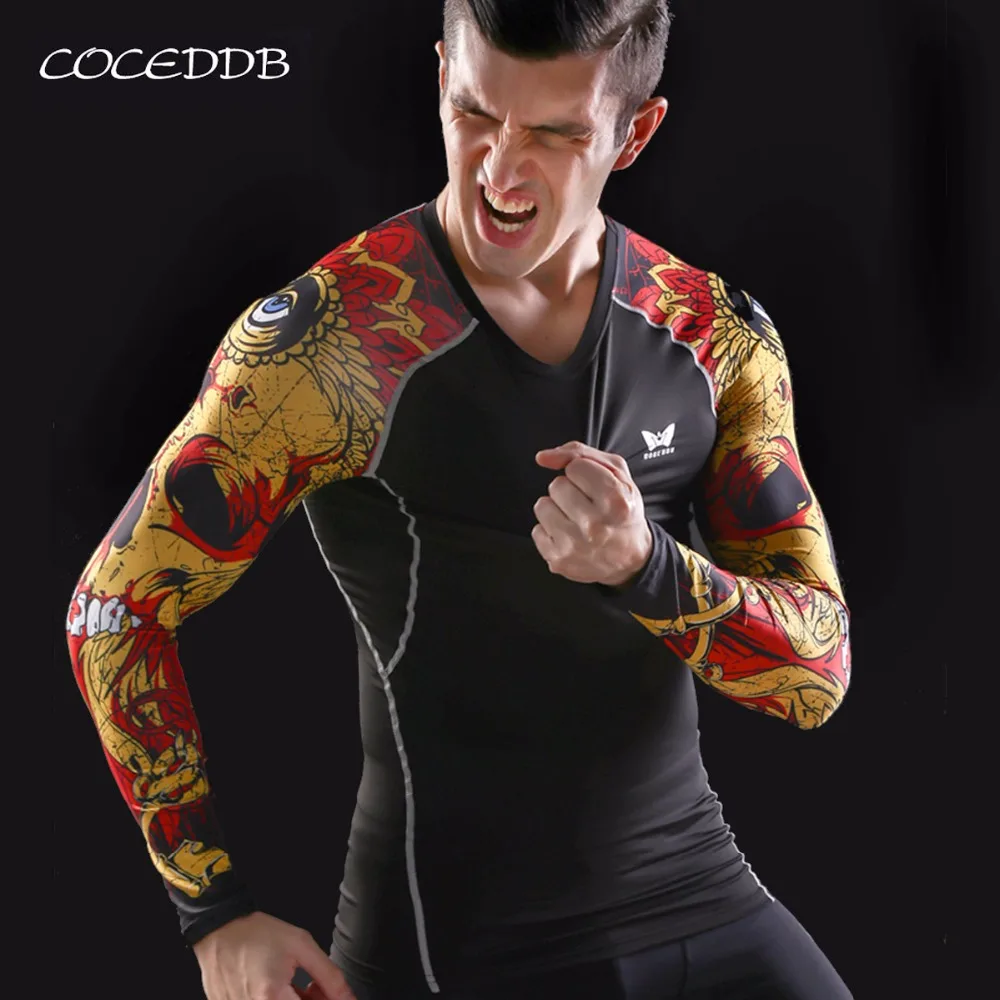 

Muscle Men Compression Tight Skin Shirt Long Sleeves 3D Prints Rashguard Fitness Base Layer Weight Lifting Male Tops Wear