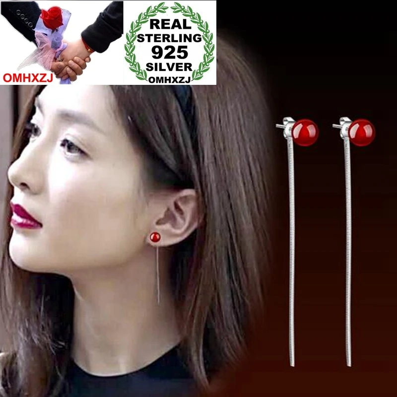 

OMHXZJ Wholesale Simple Fashion joker for Woman Gift Red Black Agate Pearl 925 Sterling Silver Long Tassel Stud Earrings YS249