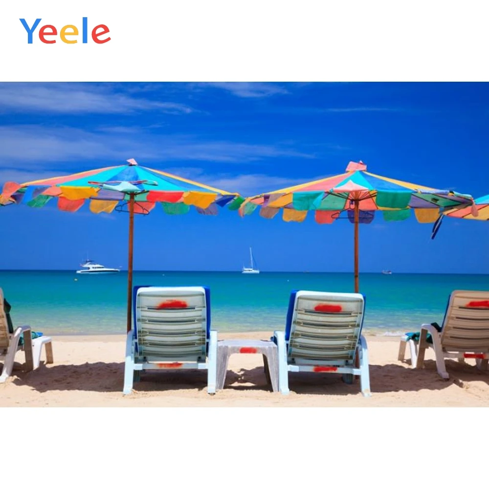 

Yeele Sea Beach Chaise Umbrella Blue Sky Parasols Photography Backgrounds Customized Photographic Backdrops For Photo Studio