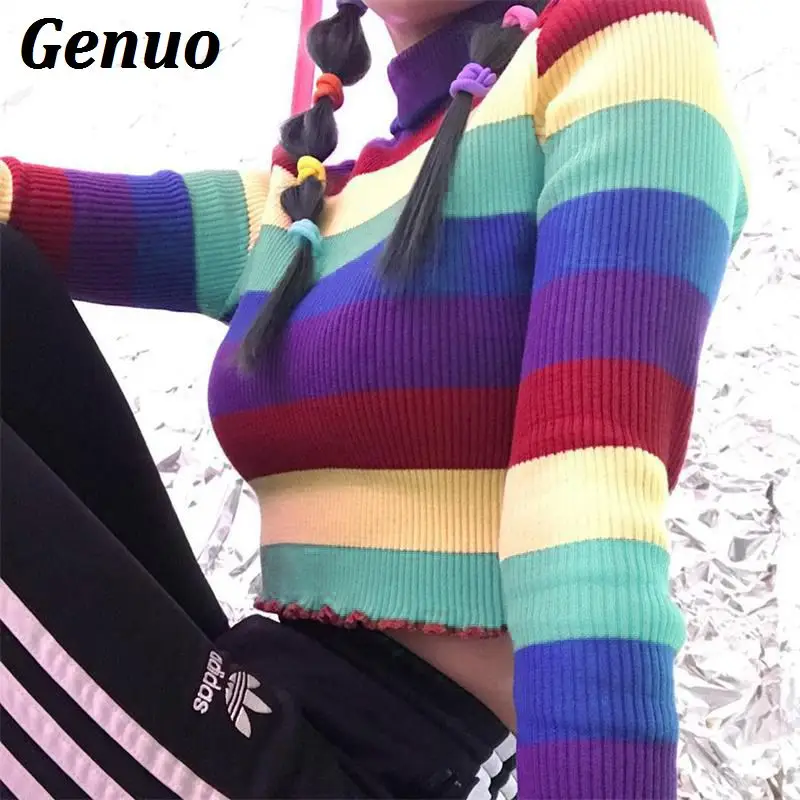 Genuo Autumn Winter Knitted Sweater Crop Tops Color Block Stripe Long Sleeve Casual Knitted Pullover Jumpers pull femme hiver