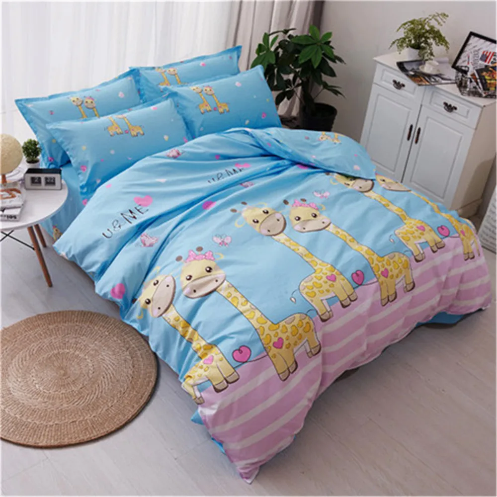 

4Set Cartoon Creative Flat Sheet Duvet cover pillowcase blue Hot Fashion Reactive Printing Giraffe Bedding Sets tiwn queen size