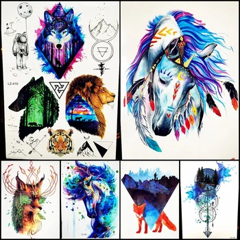 

Blue Watercolor Unicorn Horse With Butterfly Temporary Tattoo Stickers Women Body Art Sleeve Water Transfer Fake Tattoo HLZ-128