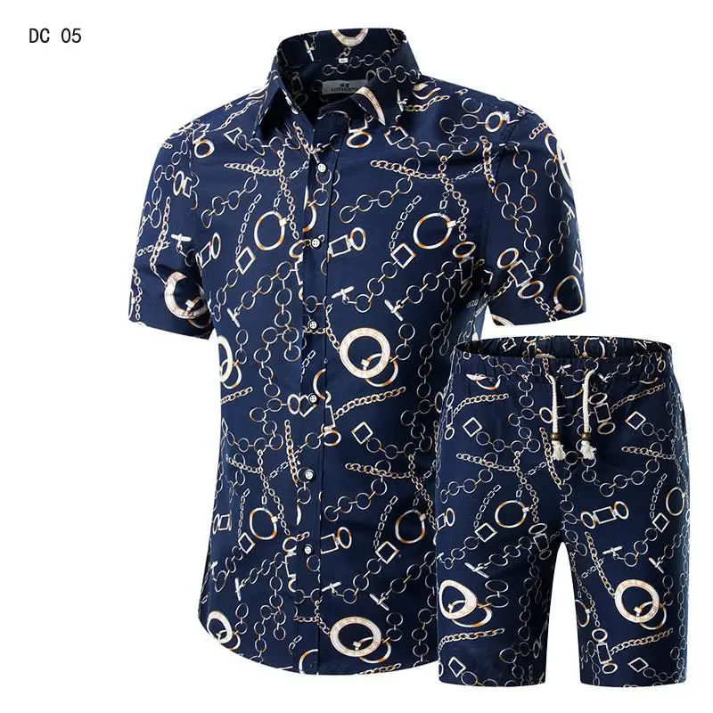 Рубашка большого размера с коротким рукавом рубашка с принтом мужская летняя новая рубашка+ шорты костюм - Цвет: C5