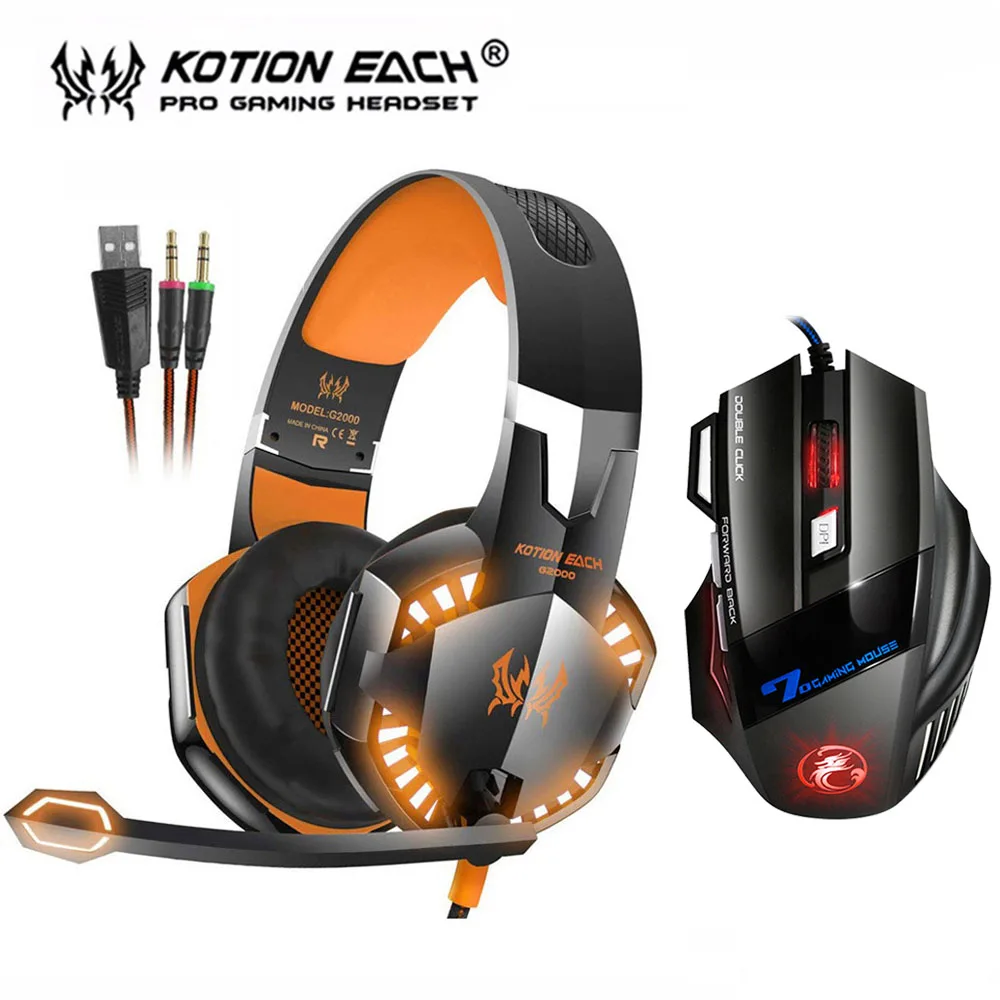 Best EACH G2000 Stereo Gaming Headset Bass Game Headphones with Mic LED Light+7 Buttons 5500 DPI LED Backlight Pro Gaming Mouse Gamer