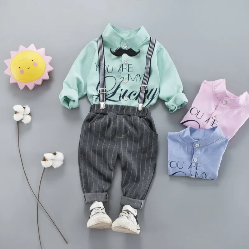 

Spring Autumn Children Baby Boys Girls Cotton Clothes Sets Infant Beard Bow Tie Shirt Strap Pants 2Pcs Kids Toddler Casual Suits