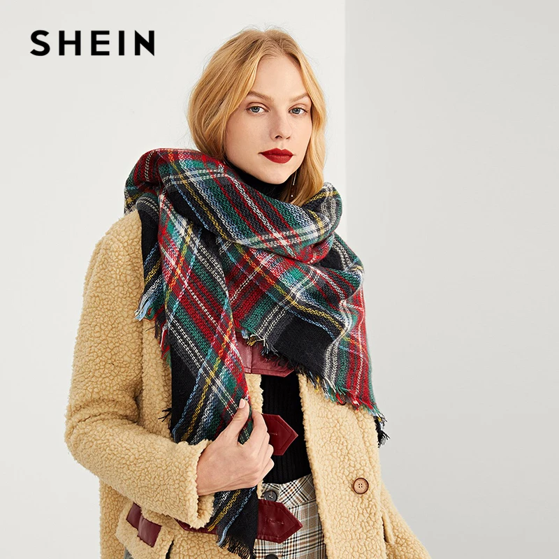 

SHEIN Multicolor Frayed Trim Plaid Scarf Highstreet Modern Lady Streetwear Blanket Warp Shawls Women Basic Autumn Scarves