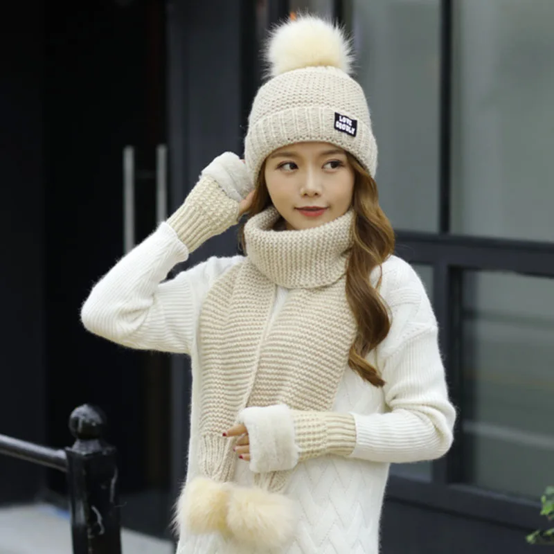 Модная женская зимняя шапка шарф, перчатки наборы девушки теплый толстый шляпу и перчатки набор 3 предмета в комплекте Хлопок Твердые