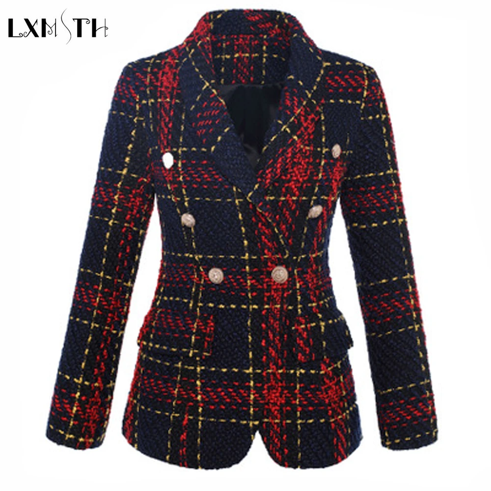 Tweed Blazer Women Gold Button Double Breasted Pockets