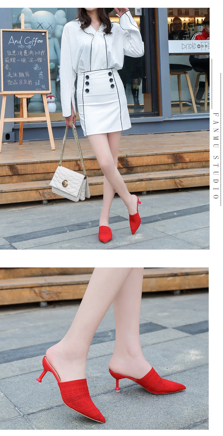 Candy-colored slippers summer new pointed Knit with high heels slippers Female sandals Sandalias femenina Women Shoes