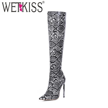 

WETKISS Colorful Snake Skin Pu Boots Women High Heels Boot Female Party Shoes Ladies Pointed Toe Sexy Thigh High Shoes Winter