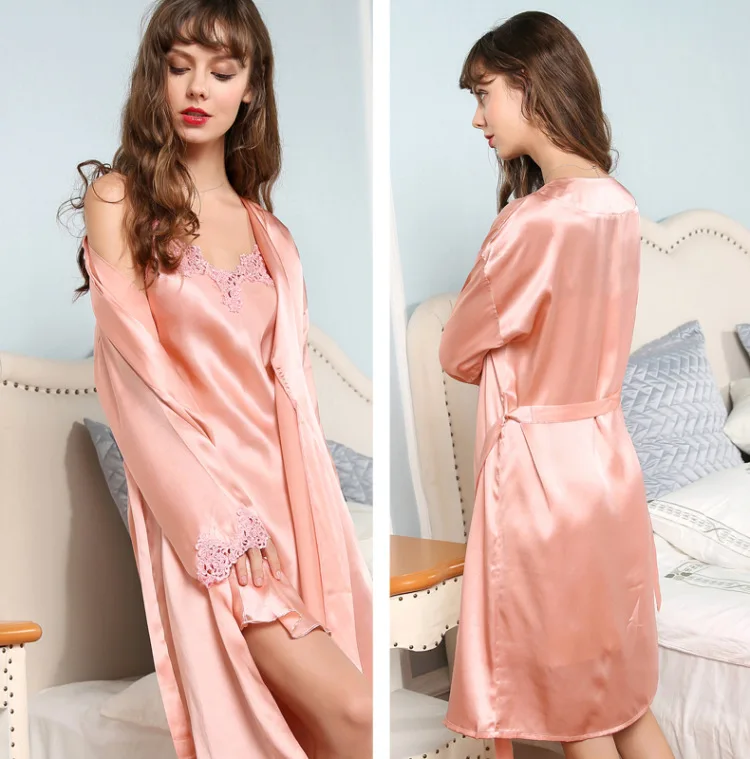 Сексуальный розовый 100% натуральный шелк sleepdress халаты женское платье Наборы Мода кружева 2 шт. костюмы чистый цвет элегантность шелковистая