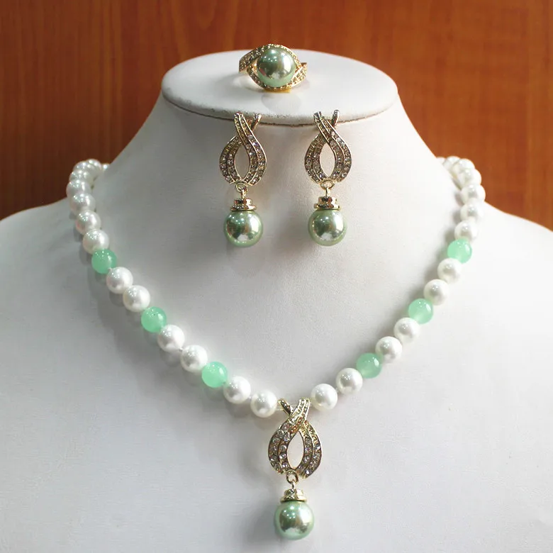 

engagement! Wholesale Women's 8mm white pearl and green jade Necklace earring ring(7/8/9) jewelry set #243