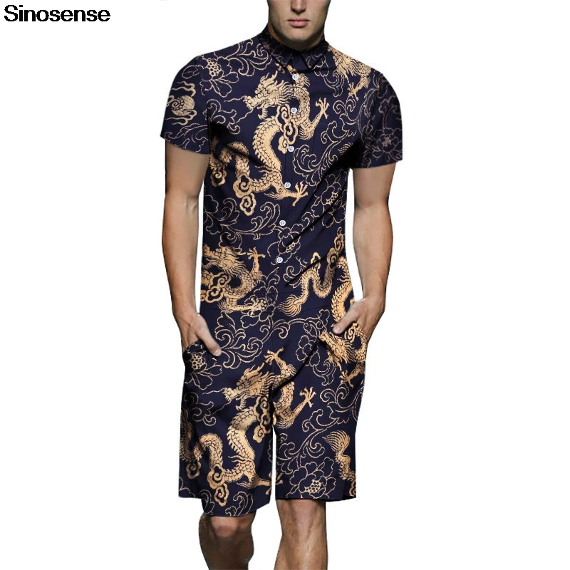 

New Summer Cool Gold Dragon Printed 3D Men Romper Male Short Sleeve Cargo Rompers 2019 Hawaiian Beach Short Jumpsuit Overalls