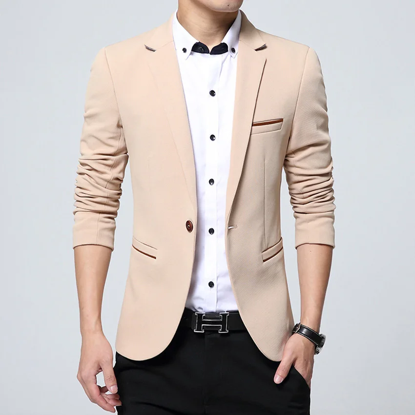 Mens-Korean-Slim-fit-fashion-cotton-blazer-Suit-Jacket-black-blue-Beige ...