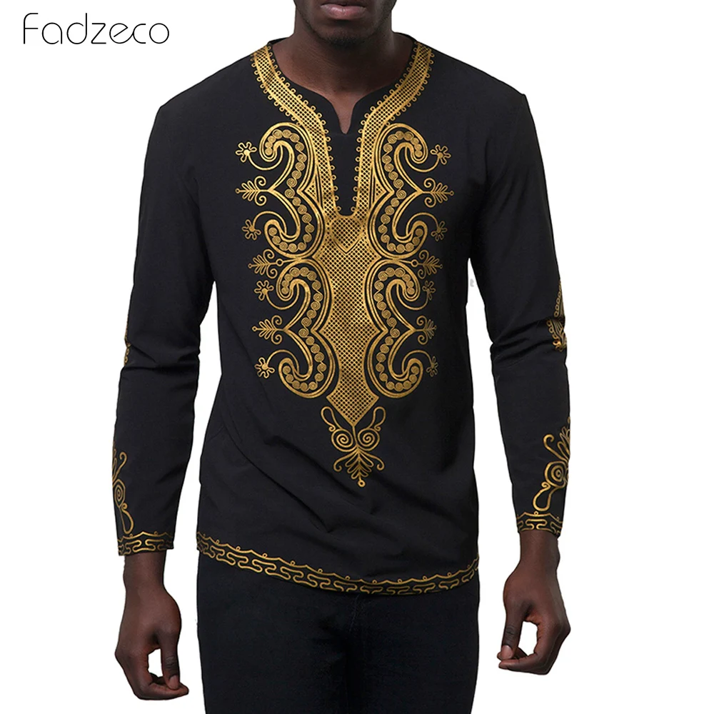 Fadzeco African Shirt For Men Dashiki Tribal Print 2019 Fashion V-Collar Long Sleeve Big Size Casual | Тематическая одежда и